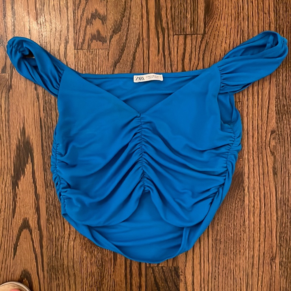 Royal blue scrunched off the shoulder crop top from Zara